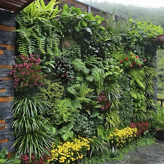 Diseño de decoración de pared con plantas verdes simuladas.